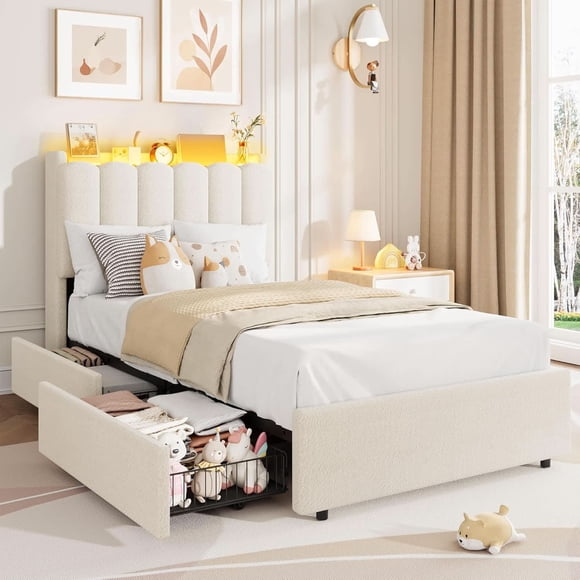 Qinaqin Twin Size Boucle Upholstered Platform Cama Frame con cm de Anchoavy Alturaeadboard y Almacenamiento Bookcase- 2 Profundidadrawers- No Caja Spring Needed- Blanco Space-Saving Stylish