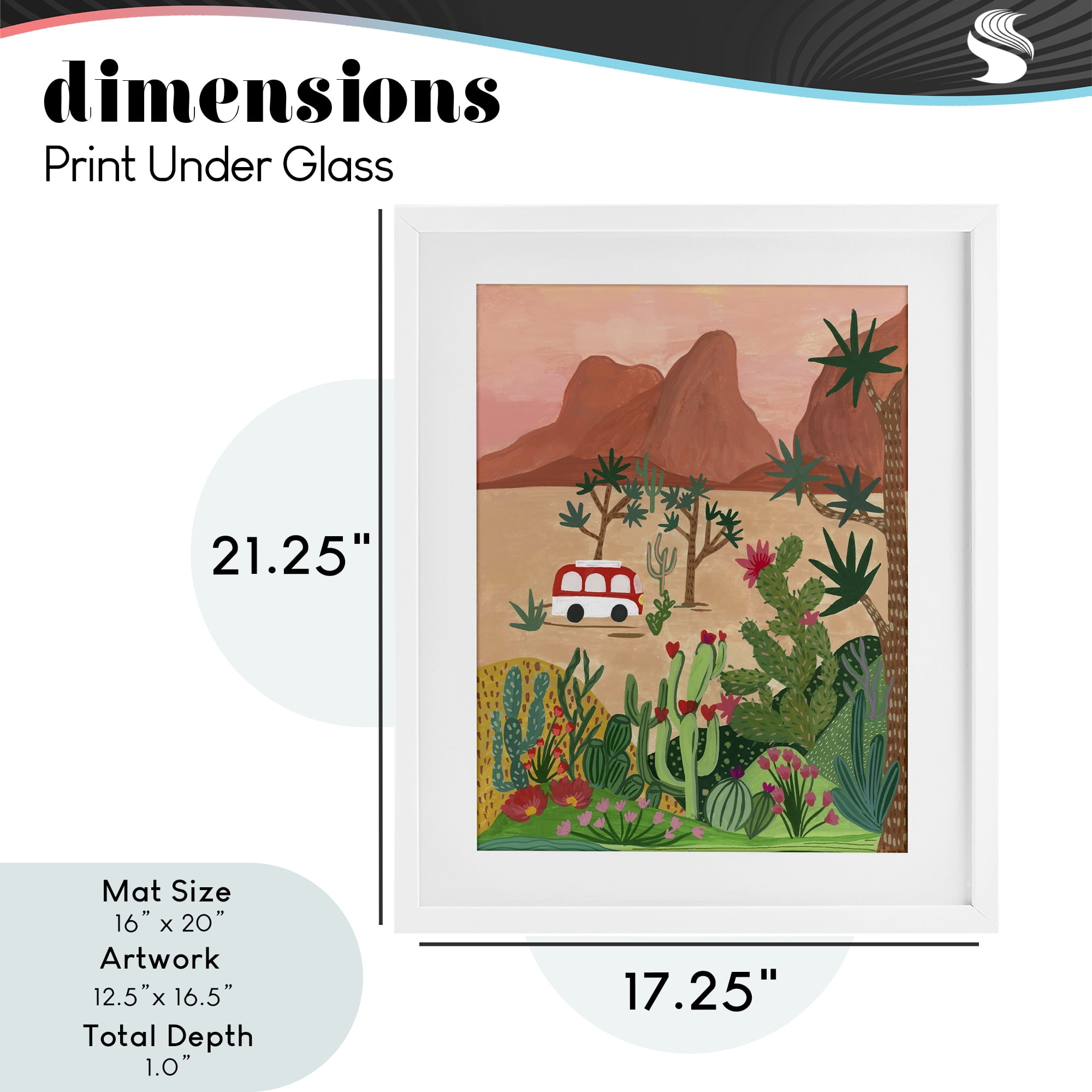 Desert Camper & Cacti White Framed Print Under Glass, design by Nabeela Rumi
