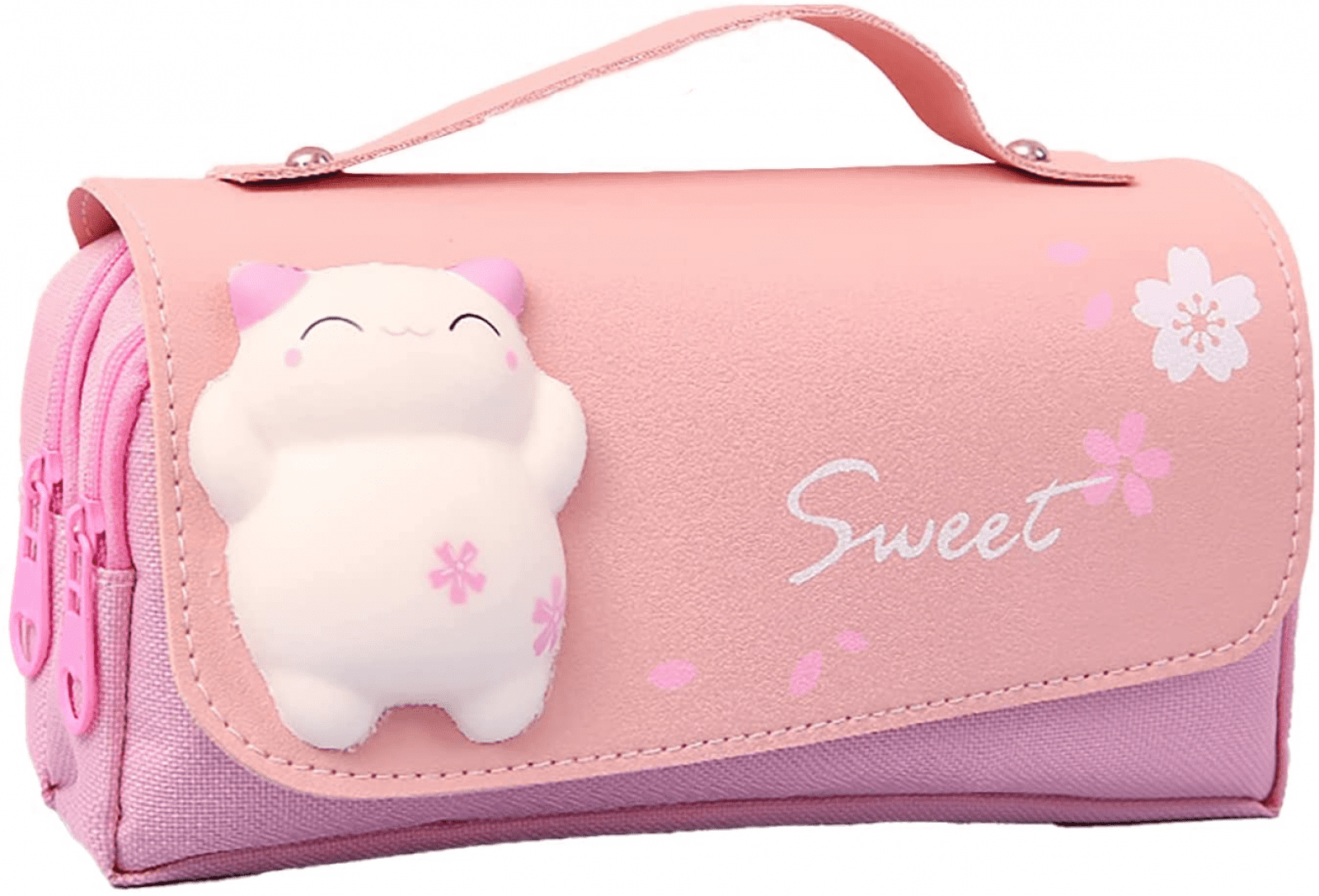 Mjuk rosa Kawaii Cat Pencil Case med Squishy Toy