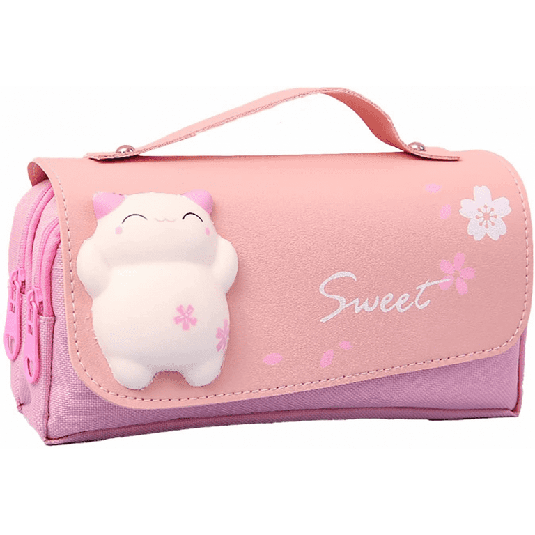 Pink Cat Pencil Case Kawaii Leather Pencil Bag Zipper Pencil Pouch Cute Pen  Bag Small Cosmetic Makeup Pouch Bag for Work & Office