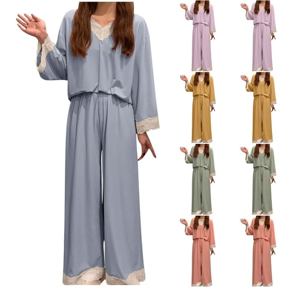Ashirexll Two Piece Sets for Women, Fuzzy Pajamas for Women, V-Neck Lace Long Sleeve Top with Elastic Waist Pants Home Clothes Set