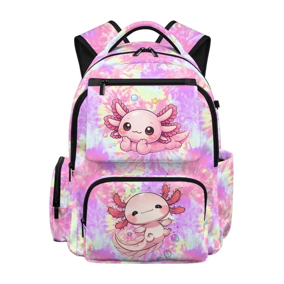 Uourmeti Axolotl Backpack for Girls 10-12 Tie-Dye School Bag 17 Inch Kids Bookbag for Elementary Middle School Lightweight Zippered Schoolbags
