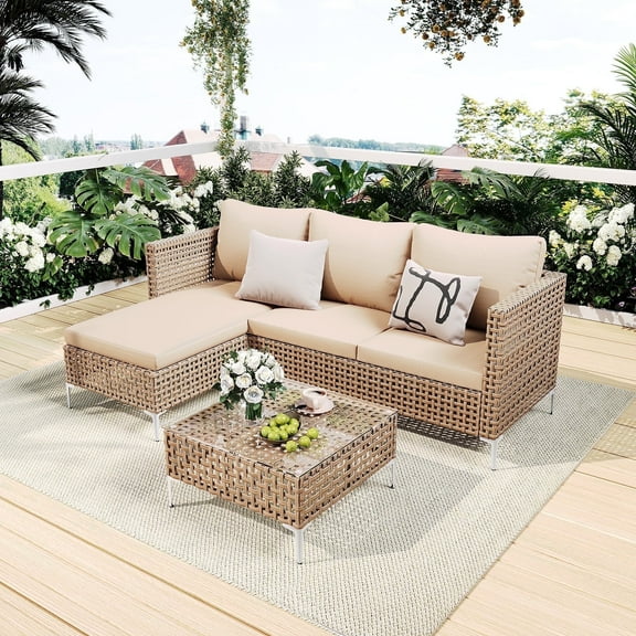 YHBINHUI 3 Piece Patio Furniture Set with Chaise Longue Outdoor Wicker Furnitrue Set (Yellow/Beige)