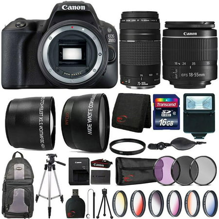 Canon EOS Rebel 200D / SL2 24.2MP Digital SLR Camera Black with 18-55mm 75-300mm 2.2x .43x - 4 Lens Bundle with Filter