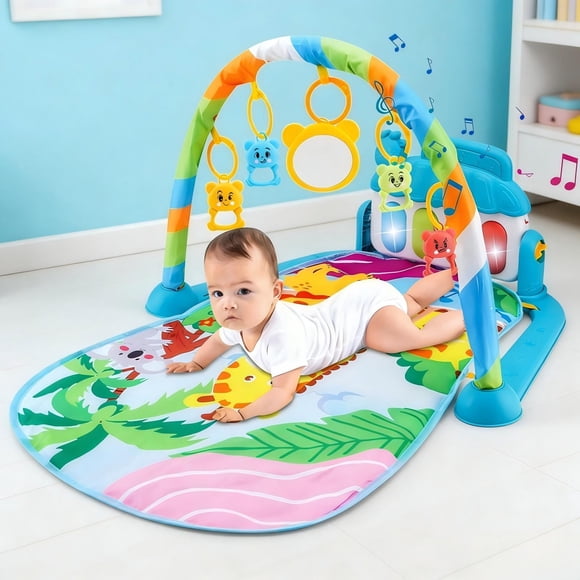 Educational Toys Montessori Learning Toys, Gym Play Mat with Kick Piano 5 Removable Hanging Toys Large Activity Gym Tummy Pad Sensory Toy Non Colorful Playmat for Newborns Infants 0 3 6 9 12 Month