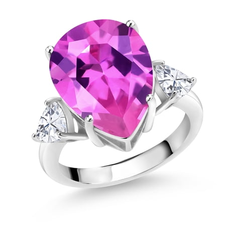 Gem Stone King 925 Sterling Silver 3-Stone Ring Pear Shape Pink Created Sapphire and Moissanite (11.64 Cttw Size 6)