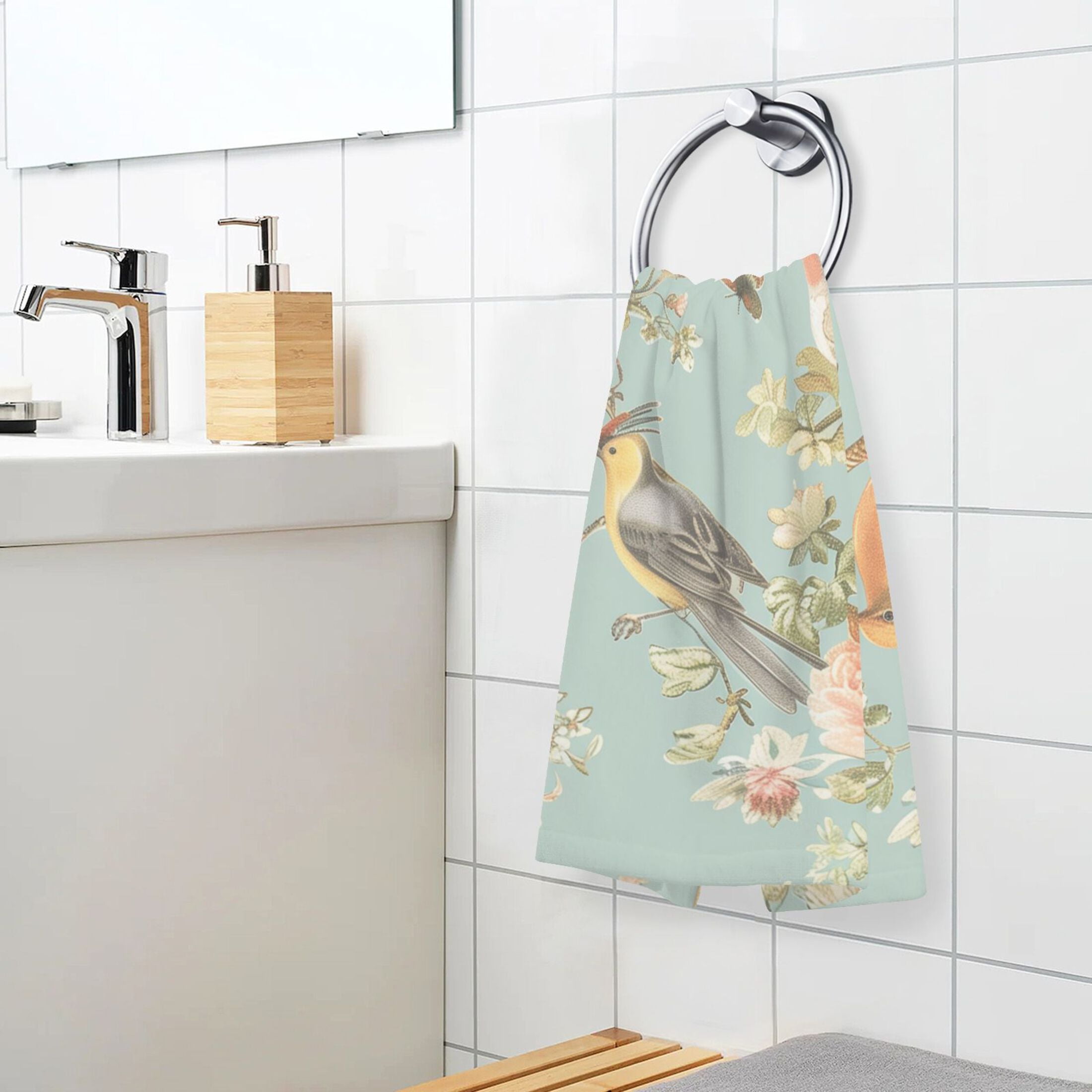 Birds Flowers Frame Hand Towel Set 2 Pcs Cotton Absorbent Soft Face Towels 400 GSM Bath Towels for Bathroom Kitchen Shower Hotel Decor 16"x28"