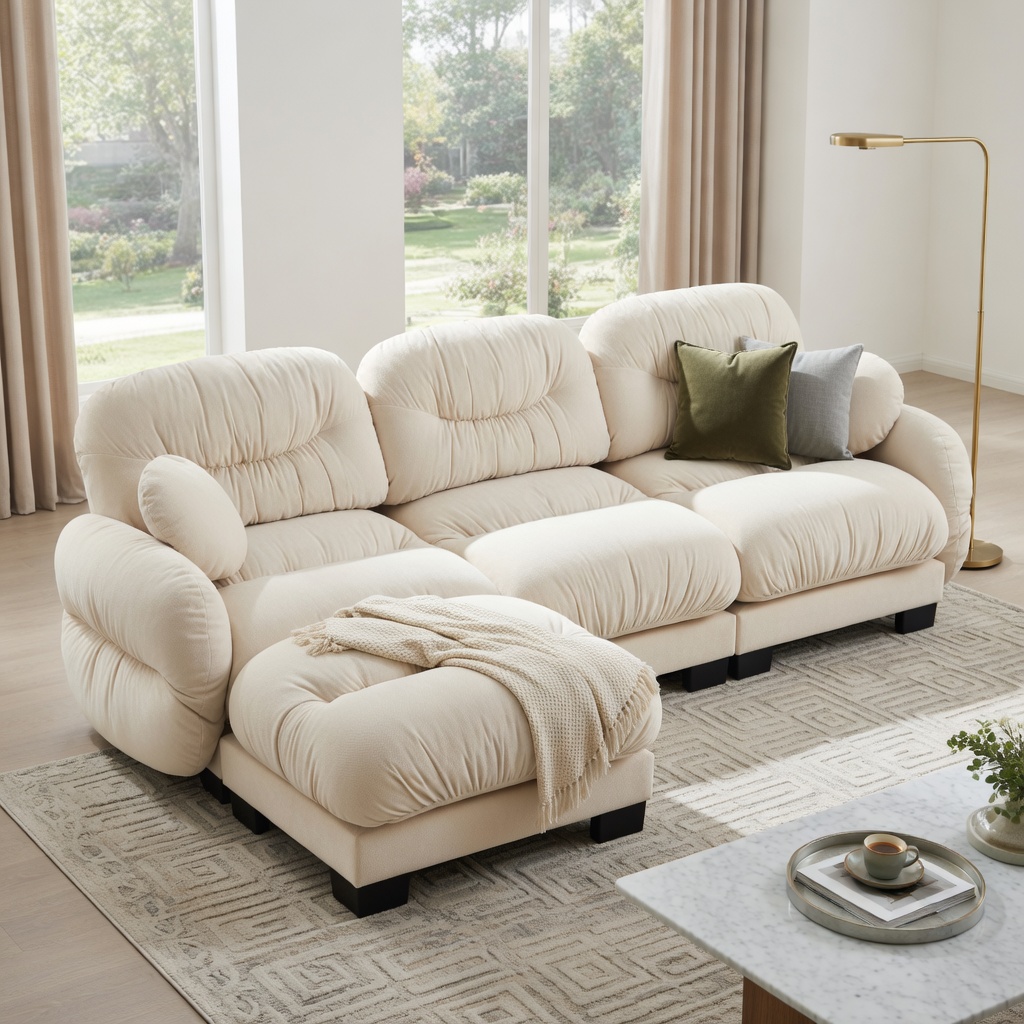 Hommoo Chenille 2-Seater L-Shaped Modular Sectional Sofa with Ottoman, Ergonomic High-Density Foam Cushions, Curved Armrests & Pleated Back Design, Includes 2 Round Throw Pillows, Beige