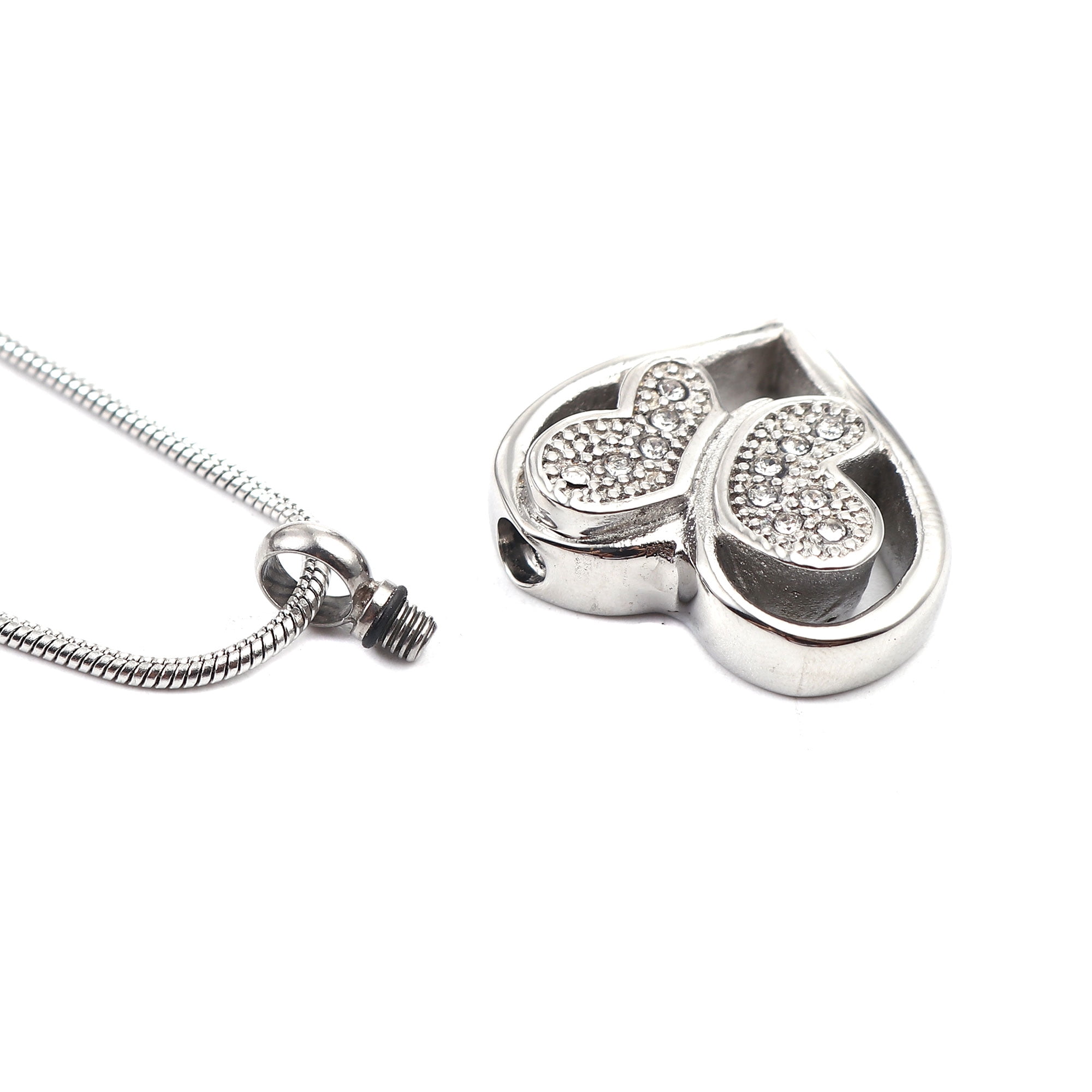Women's Funeral Stainless Steel Crystal Rhinestone Butterfly Heart Cremation Ashes Holder Keepsake Memorial Pendant Necklace with Funnel Kit and Velvet Jewelry Kit