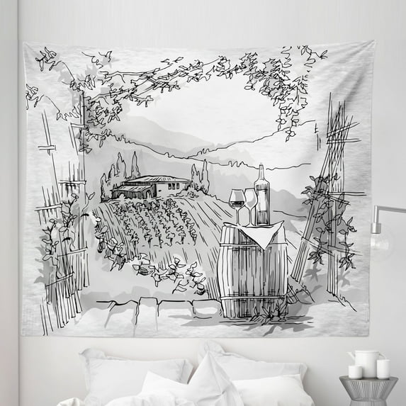 Italy Tapestry, Aerial View of Valley with House and Winery Elements Italian Mediterranean Art, Fabric Wall Hanging Decor for Bedroom Living Room Dorm, 5 Sizes, Pale Grey Black, by Ambesonne