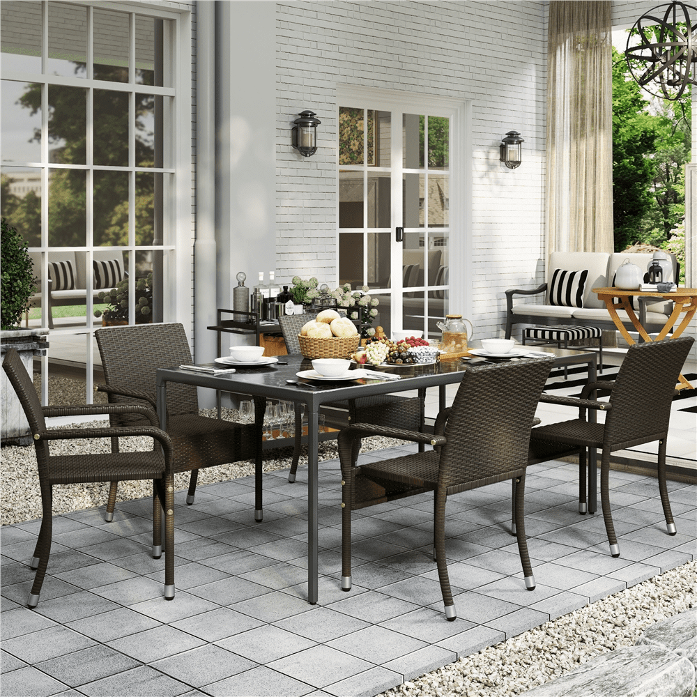 Renwick Outdoor PE Rattan Chair with Armrests and Adjustable Footpads, Set of 2, Brown