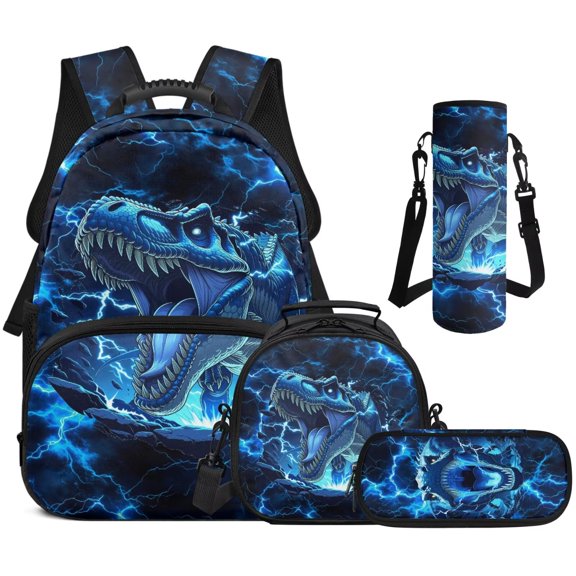Garronmavis Lightning T-Rex Kids Boys Backpack Set, 4-Piece School Bag Set Includes Backpack, Lunch Bag, Pencil Case, Water Holder Case, Breathable Daypack with Front Pocket for Primary School