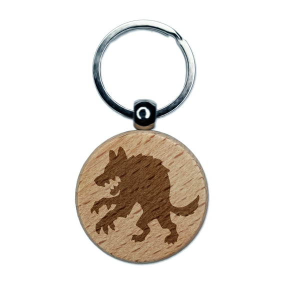 Werewolf Monster Wolf Man Silhouette Halloween Round Keychain Charm Tag - Engraved Wood