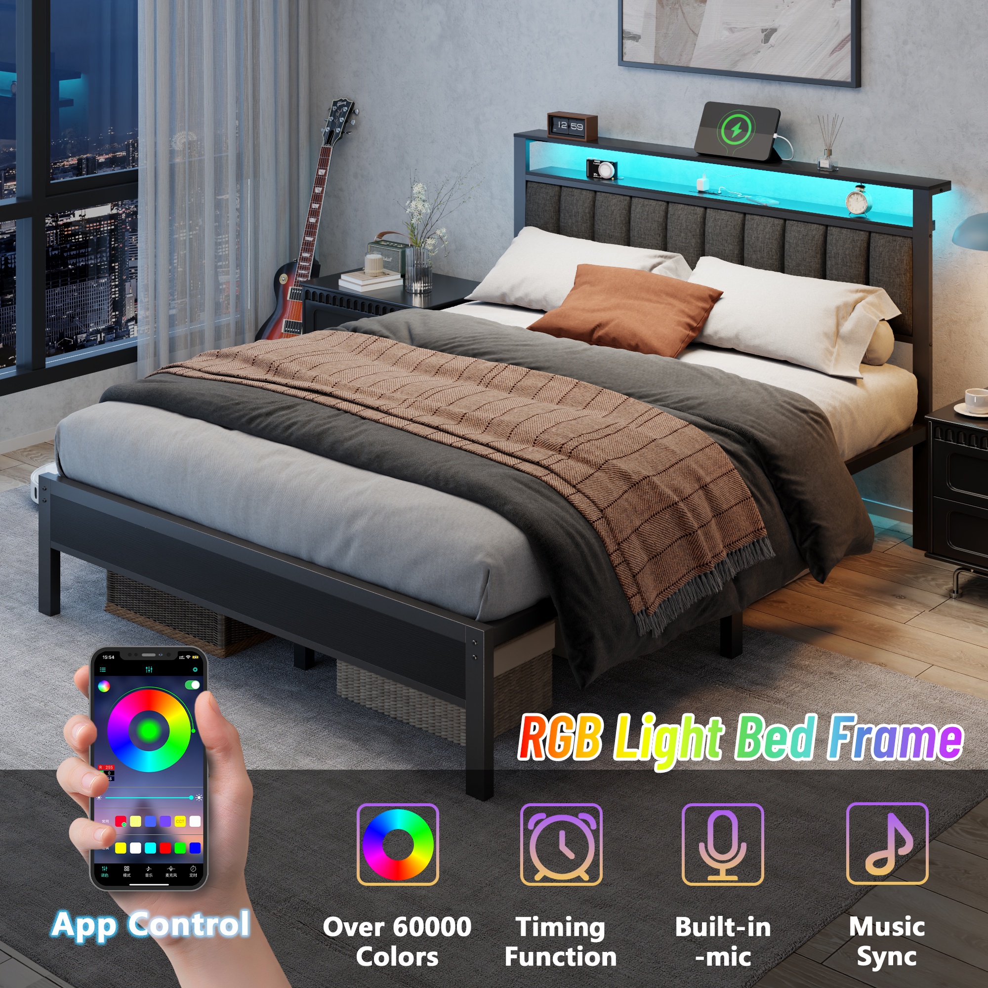 Satifur Queen LED Bed Frame with Smart RGB Lights, Black photo 2