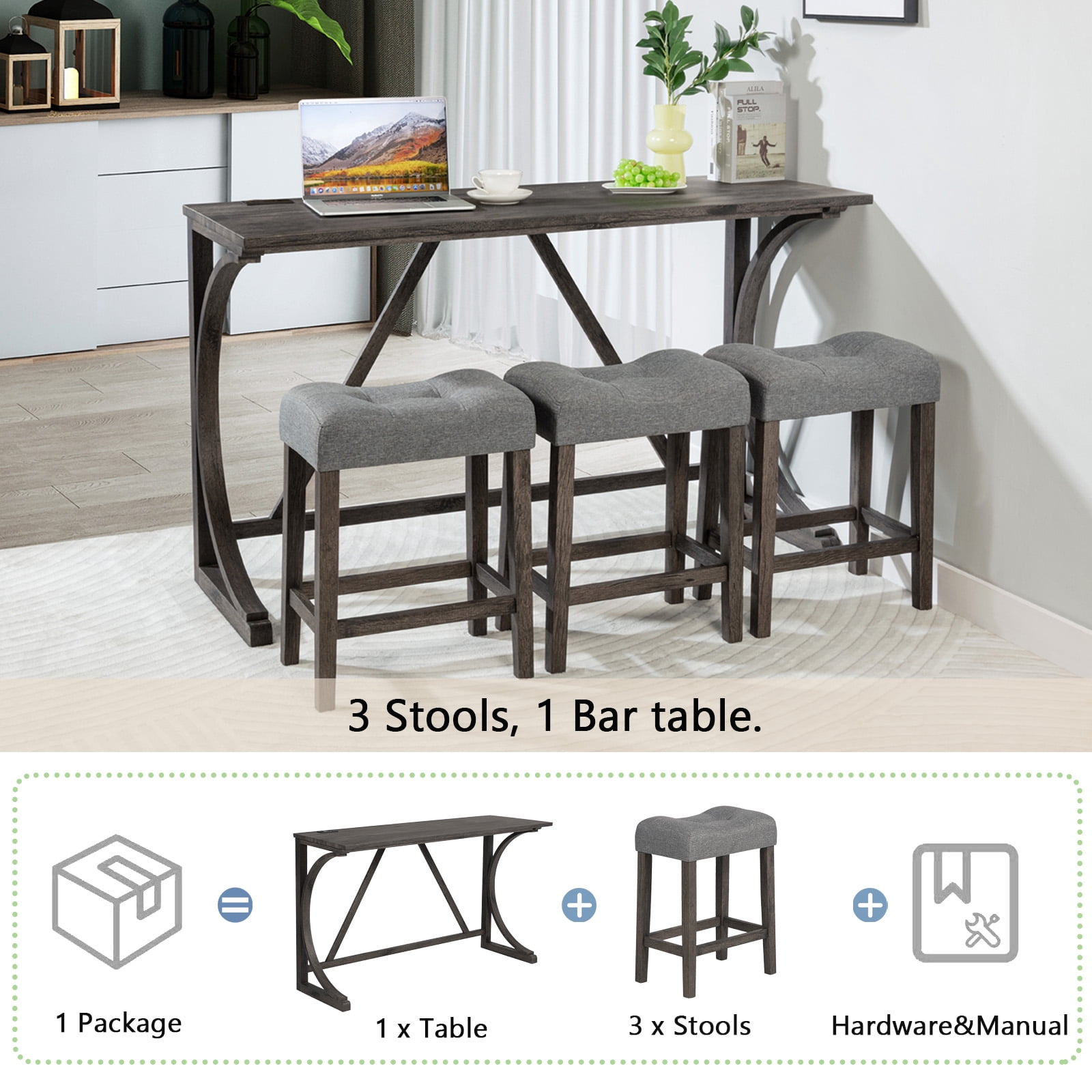 MAYEERTY 4-Piece Bar Table Set with USB Port – Space-Saving Counter-Height Dining Table and 3 Upholstered Stools for Kitchen, Dining Room, or Game Room, Dark Gray