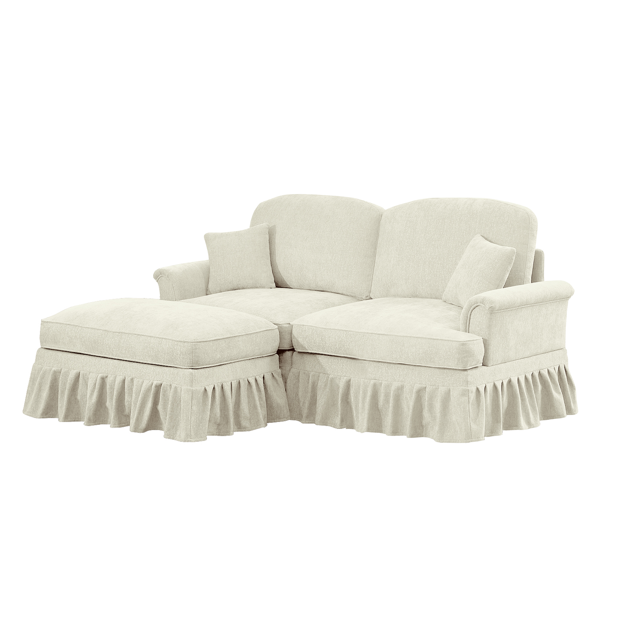 Newest Elegant Large Two Seater Modular L Shaped Sofa Couch, Flared Arms, Removable Ruffles Pleats Skirts, Spindle Legs,Comfy Chenille Loveseat Sofa, Movable Ottoman,Beige White