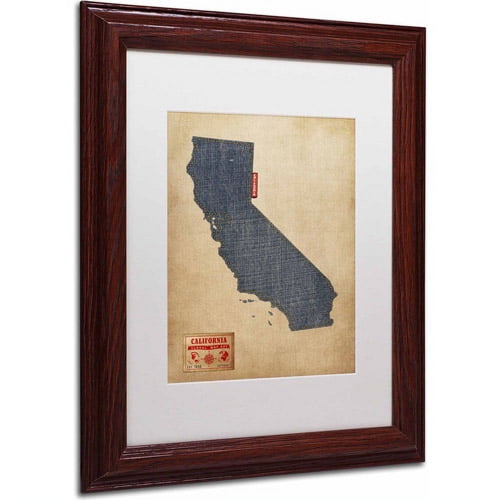 Trademark Fine Art "California Map Denim Jeans Style" Canvas Art by Michael Tompsett, White Matte, Wood Frame