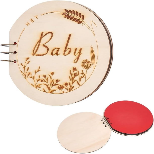 Libro de visitas para baby shower, redondo de madera de 21 cm de diámetro, alternativo, hecho a mano, con 20 hojas, color beige, ideal como regalo para niña y niño.