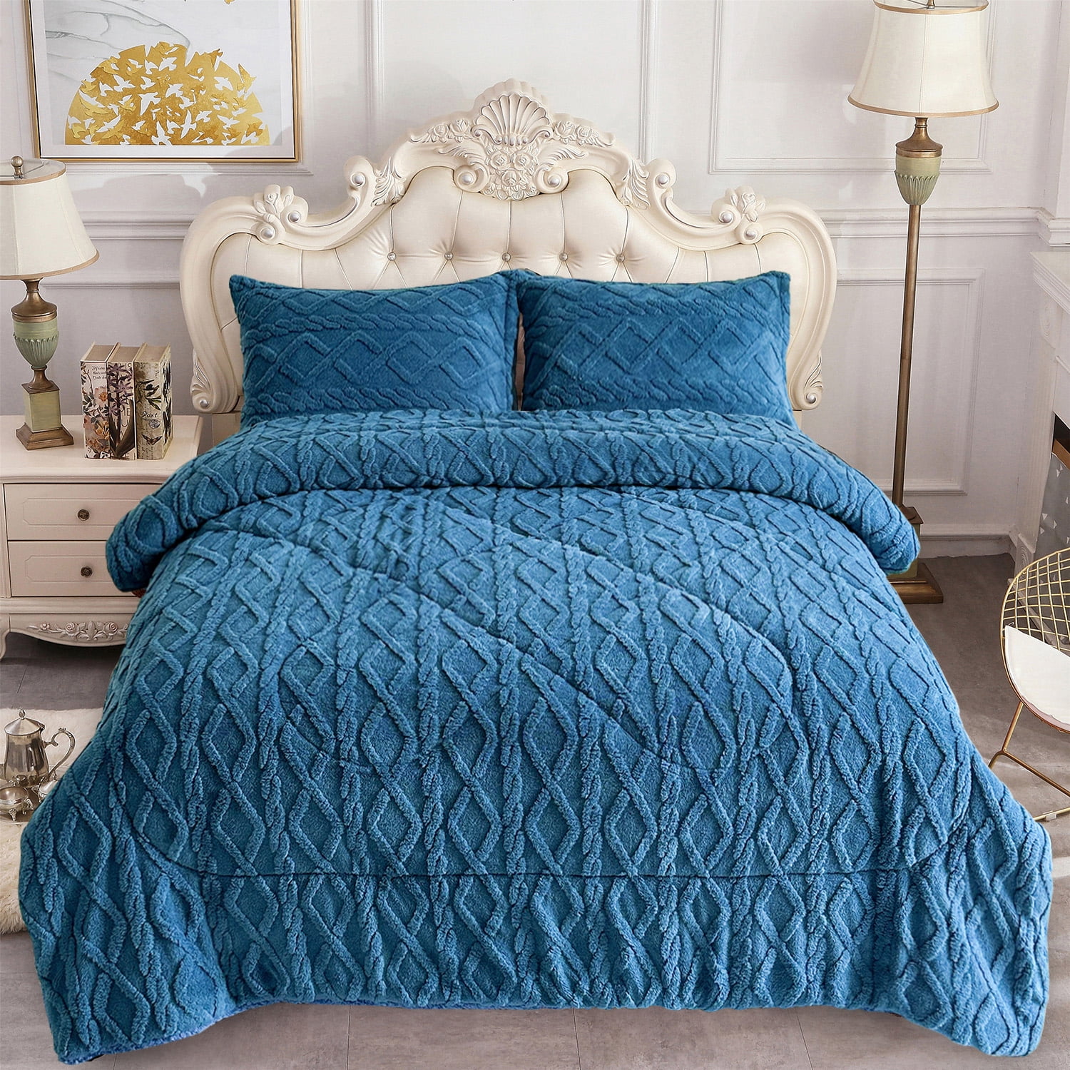 NC 3 Piece Sherpa Blanket,Winter Warm 3 Ply Borrego Fleece Blanket,King 79"x 91",Blue