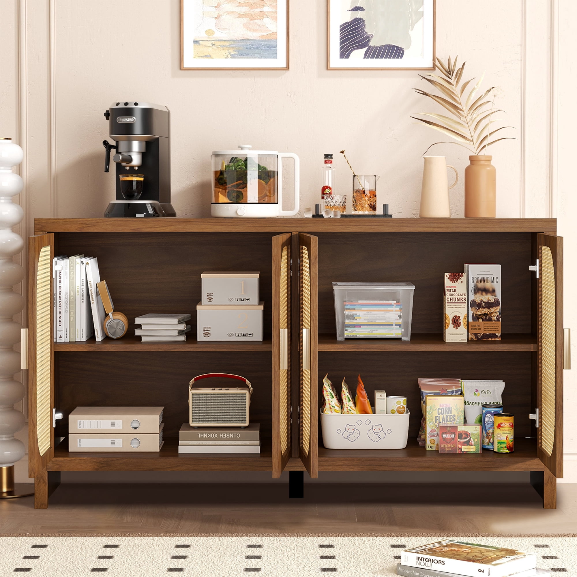 Sideboard Cabinet with 4doors, Buffet Cabinet, Rattan Cabinets with Storage, for Kitchen Living Room, Walnut