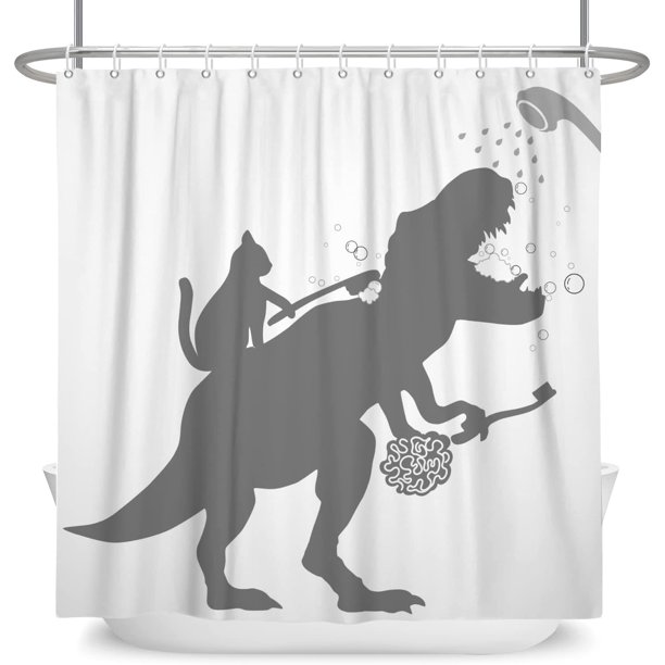 Funny Cat Dinosaur Shower Curtain for Boys Kids Bathroom Decor Cat Help