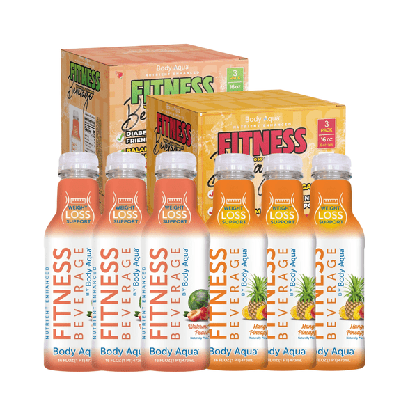 Body Aqua Fitness Beverage, Watermelon Peach   Mango Pineapple, 16 fl oz, 6 Pack, Variety Pack