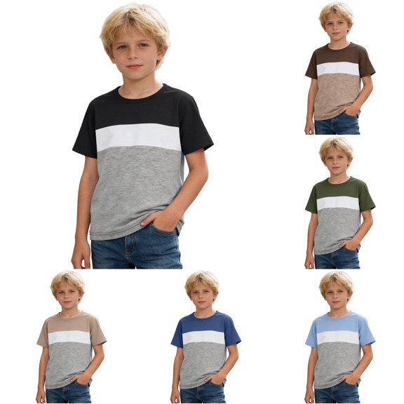 RMGVDSD Boys Color Block Short Sleeve Tee Shirts Kids Casual Crew Neck T Shirts Comfortable Basic Tshirt Children's Tops 10-11 Years