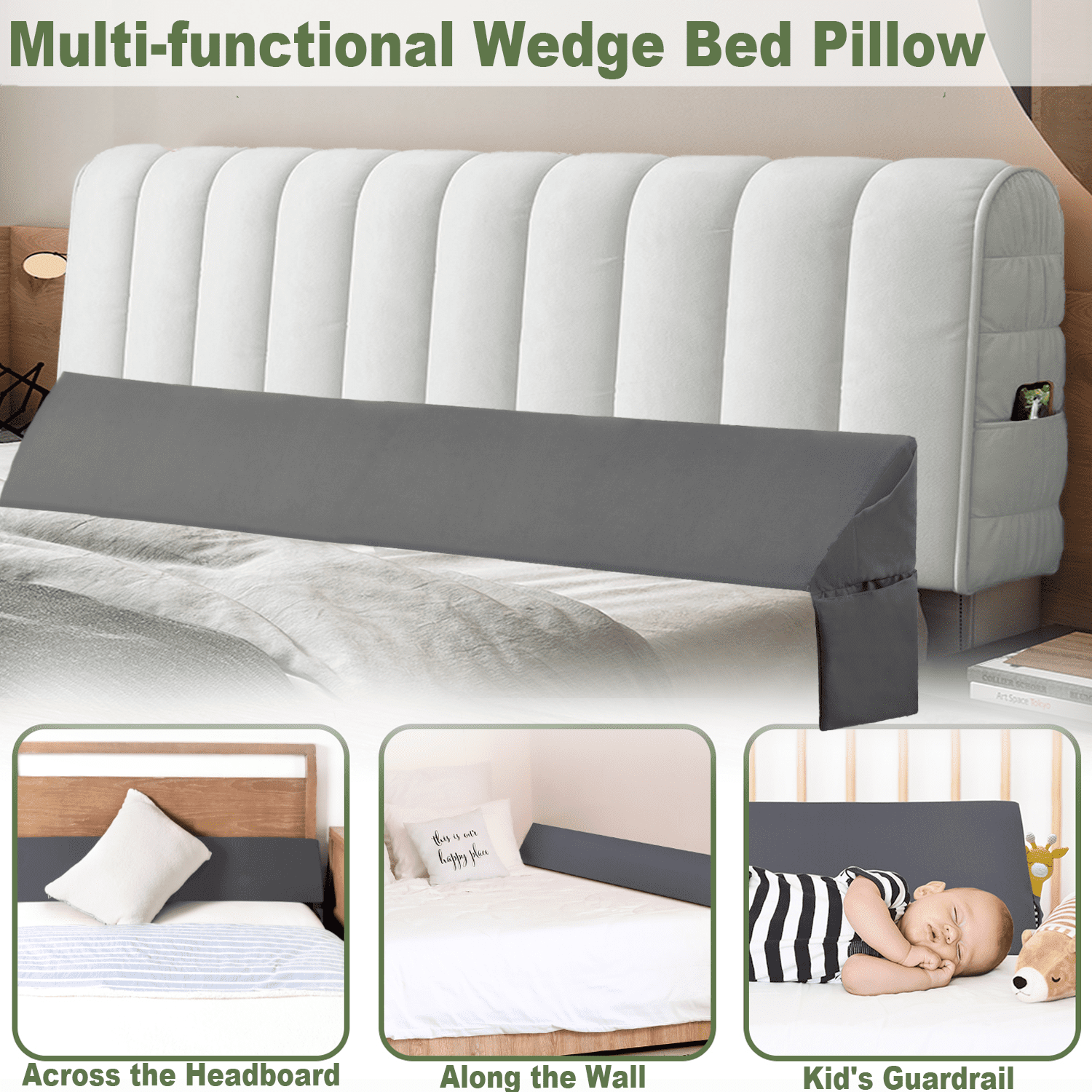 COOKEY Queen Size Bed Wedge Pillow for Headboard, 60"x10"x6" Mattress Gap Filler, Memory Foam Support for Sleep Apnea, Back Pain Relief & Sleeping Comfort, Gray