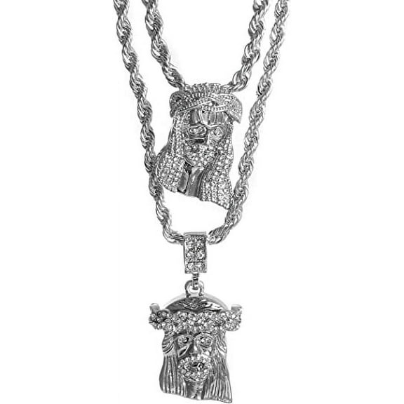 Mens Silver Tone Two Piece Iced Jesus Face Set Pendant Hip Hop 24" & 30" Rope Chain MHC-06S