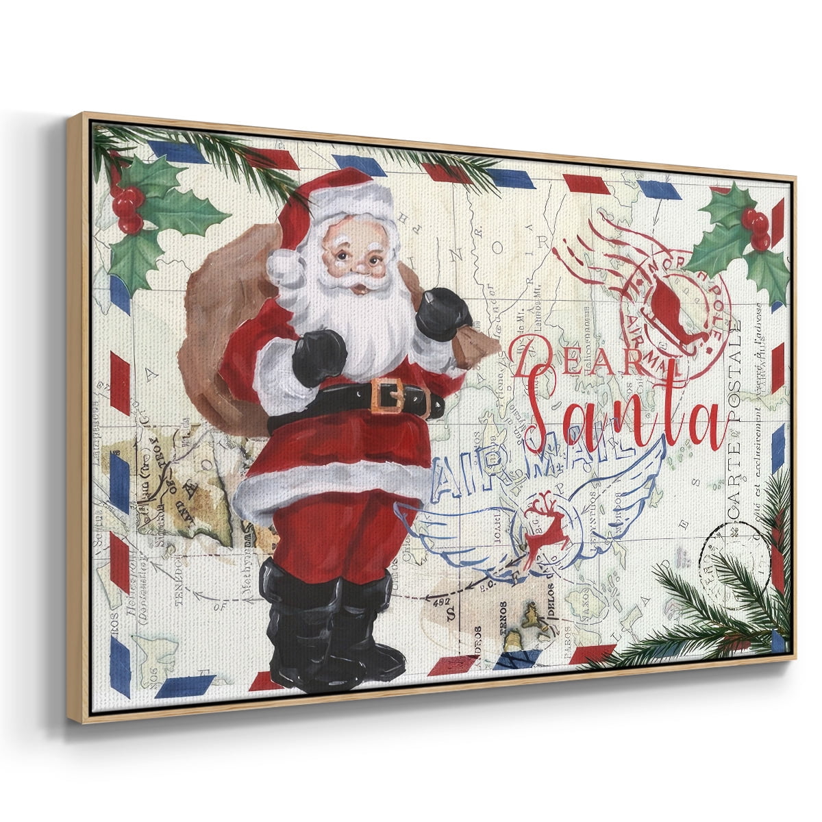 Christmas Par Avion Collection A - Framed Gallery Wrapped Holiday Canvas - 27 x 41 - Natural Wood Frame