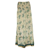 Mogul Women's Split Skirts Beige Vintage Silk Sari Smocked Waist Divided Maxi Skirt