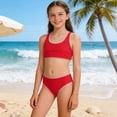 thumbnail image 2 of Shadoumai Girls Summer Swimsuit Solid Color Padded Adjustable Strap Tankini Shorts Set Girls Ruffled Beach Bathing Suit, 2 of 7