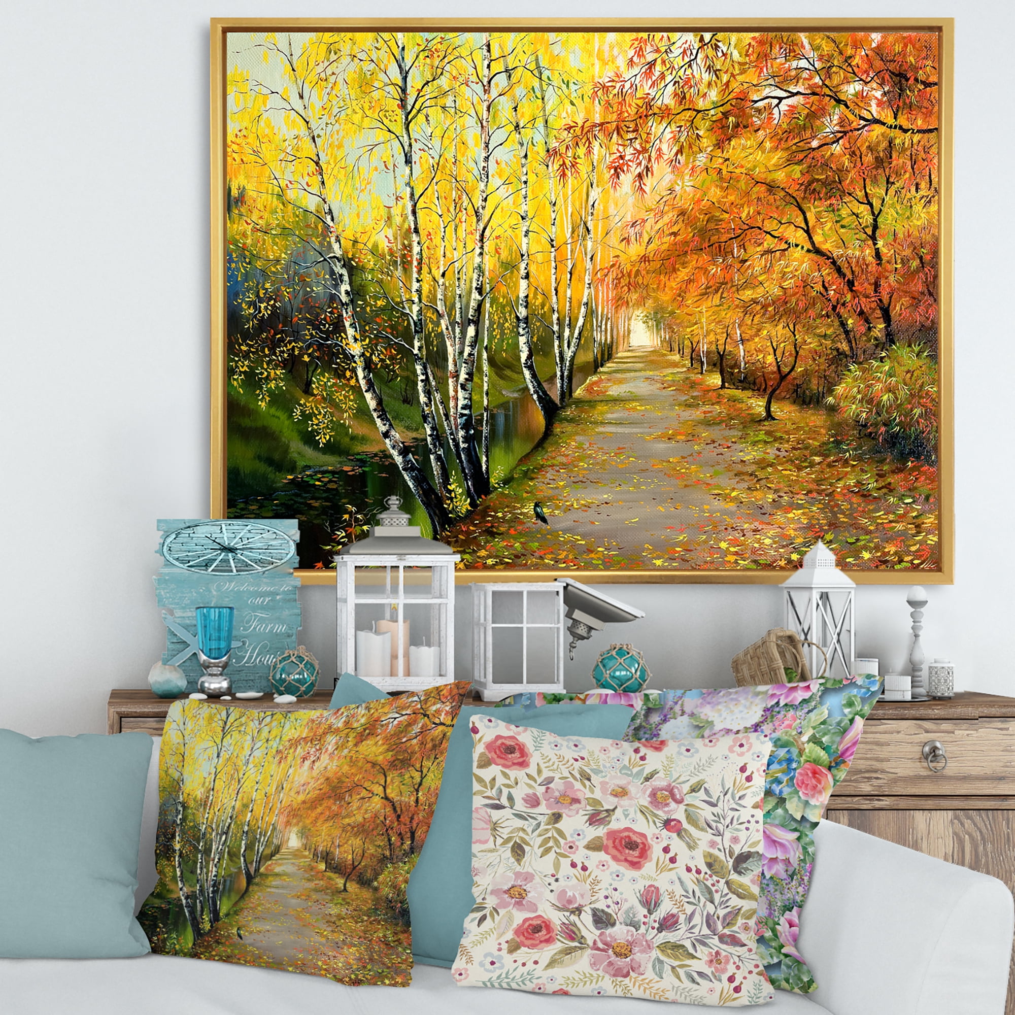 Designart 'Path Through The Autumn Woods Along River' Traditional Framed Canvas Wall Art Print