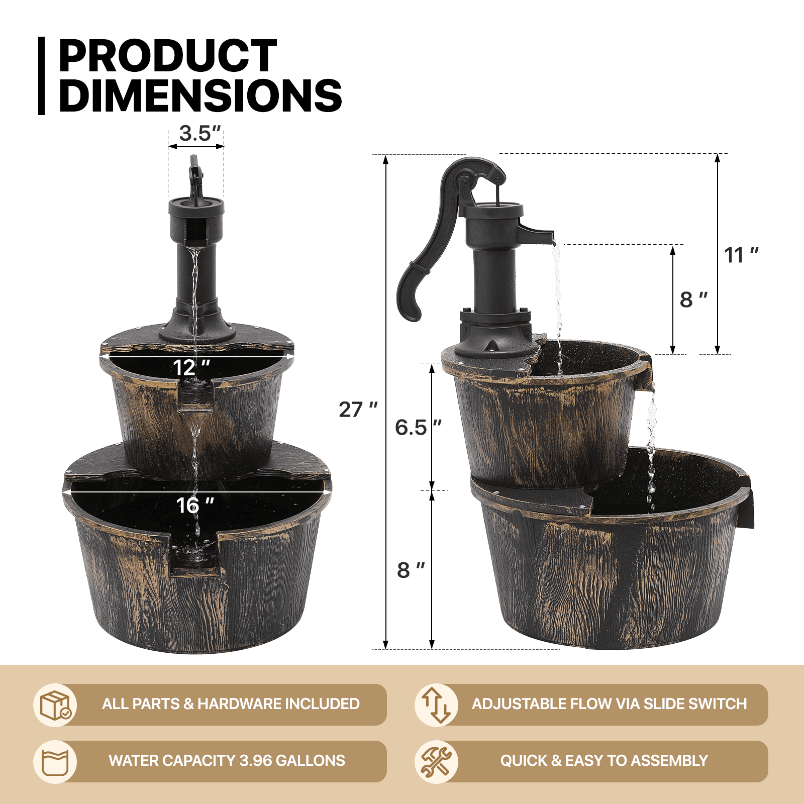MoNiBloom 2-Tier Barrel and Pump Fountain Outdoor, 27" Tall Cascading Waterfall Fountain with Electric Recirculating Pump for Garden Patio Backyard Decor, Bronze