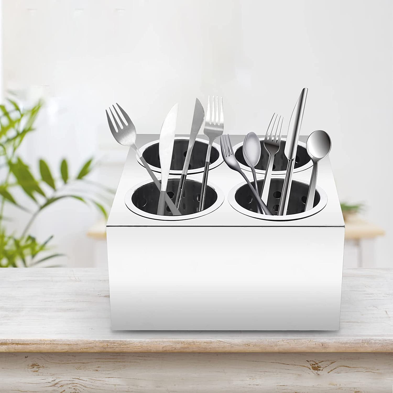 FETCOI Commercial 4-Hole Stainless Steel Cylinder Utensil Holder Organizer Kitchen Flatware Silverware Cutlery Holder Drainable