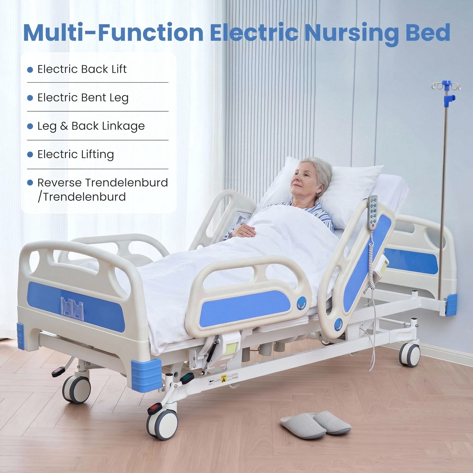 Naipo 5 Function Full Electric Hospital Bed, ICU Electric Medical Bed, 5 inch Locking Casters, IV Pole for Home Hospital Use, 530lbs Capacity