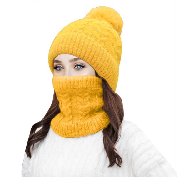 Beanie Hats Scarf Set for Women Warm Knit Hat Thick Fleece Lined Skull Cap Windproof Ski Hat Winter Hats with Pom