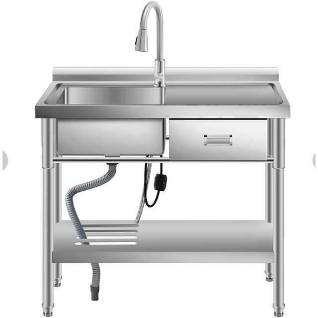 Yiwa Stainless Steel Utility Sink, 39 Inch Free Standing Single Bowl with Drawer, Integrated Workbench, Storage Rack, Faucet, and Complete Plumbing Set for Home or Commercial Applications
