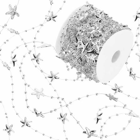 1Rolls 33 Yards Acrylic Starfish Garland Silver Beads Ribbons Pearls Beads String Roll Chain Beach Garland Decor for Christmas Wedding Home Decoration Holiday Supplies