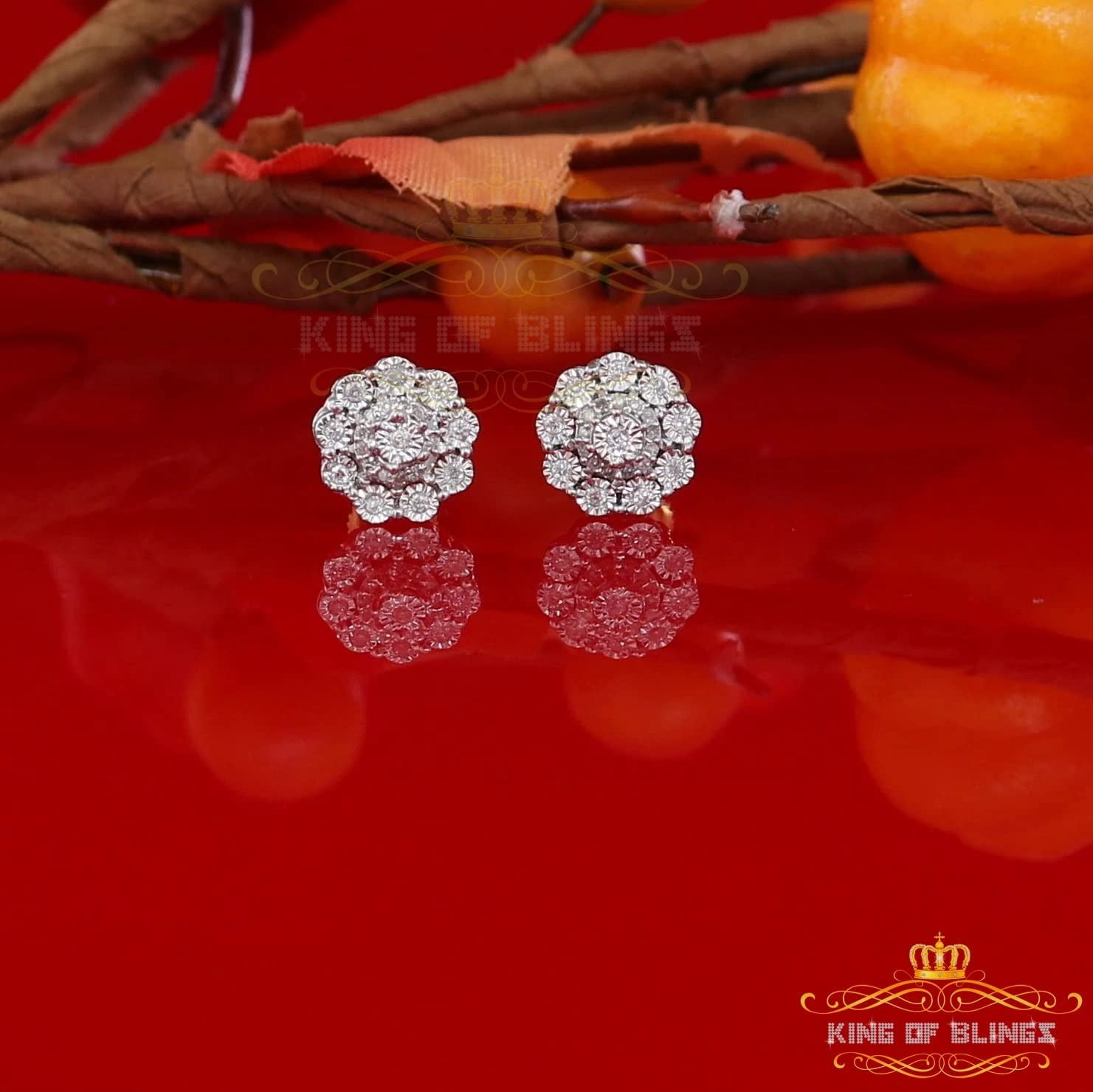 King of Bling's 10K Real Yellow Gold with 0.20CT Real Diamond Men's/Women's stud Floral Earrings