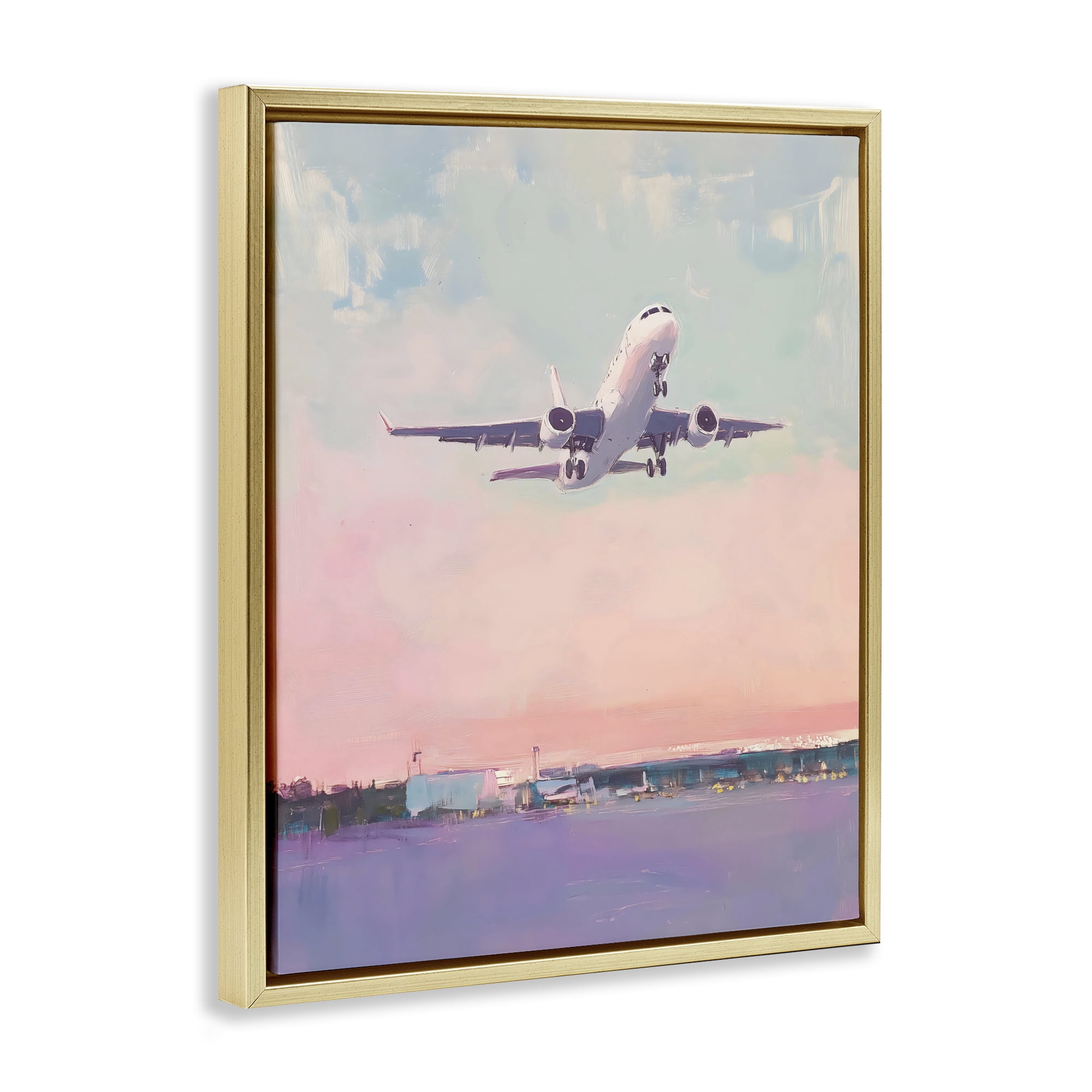 Stupell Industries Airplane Takeoff into Pastel Skies Gold Framed Floater Canvas Wall Art, design by The Prints Vibe