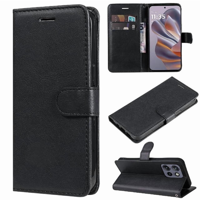 Wallet Case for Motorola Edge 50 Neo Flip Cover with Card Slots, Magnetic Stand & Strap Black