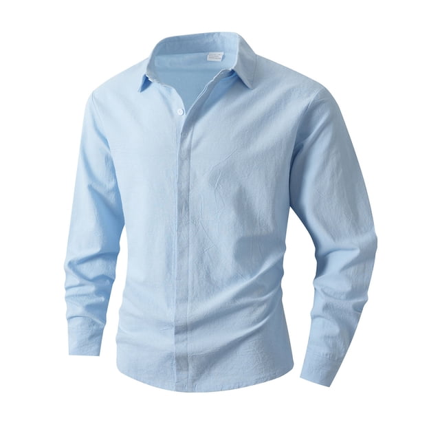 pstuiky Camisas casuales de manga larga para hombre, Camisa de lino con bolsillo y solapa con botones y manga larga de color liso para hombre top de hombre m