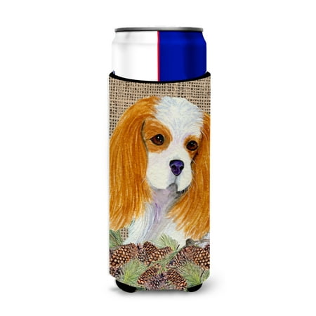 

Caroline s Treasures SS4107MUK Cavalier Spaniel on Faux Burlap with Pine Cones Ultra Hugger for slim cans Slim Can
