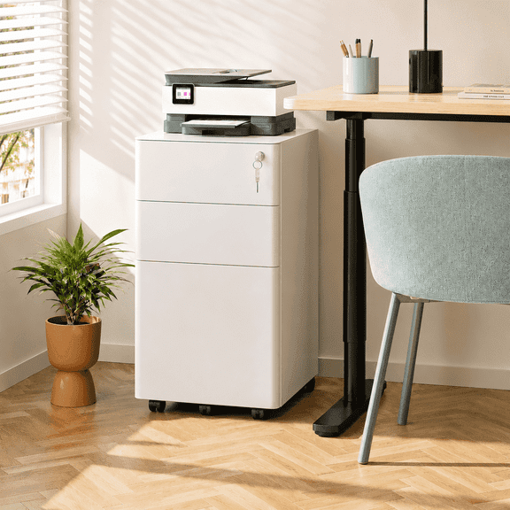 GALAXHERO 3 Drawer Metal File Cabinet with Lock, Vertical Rolling Filing Cabinet for Home Office, Fits A4/Letter/Legal, White