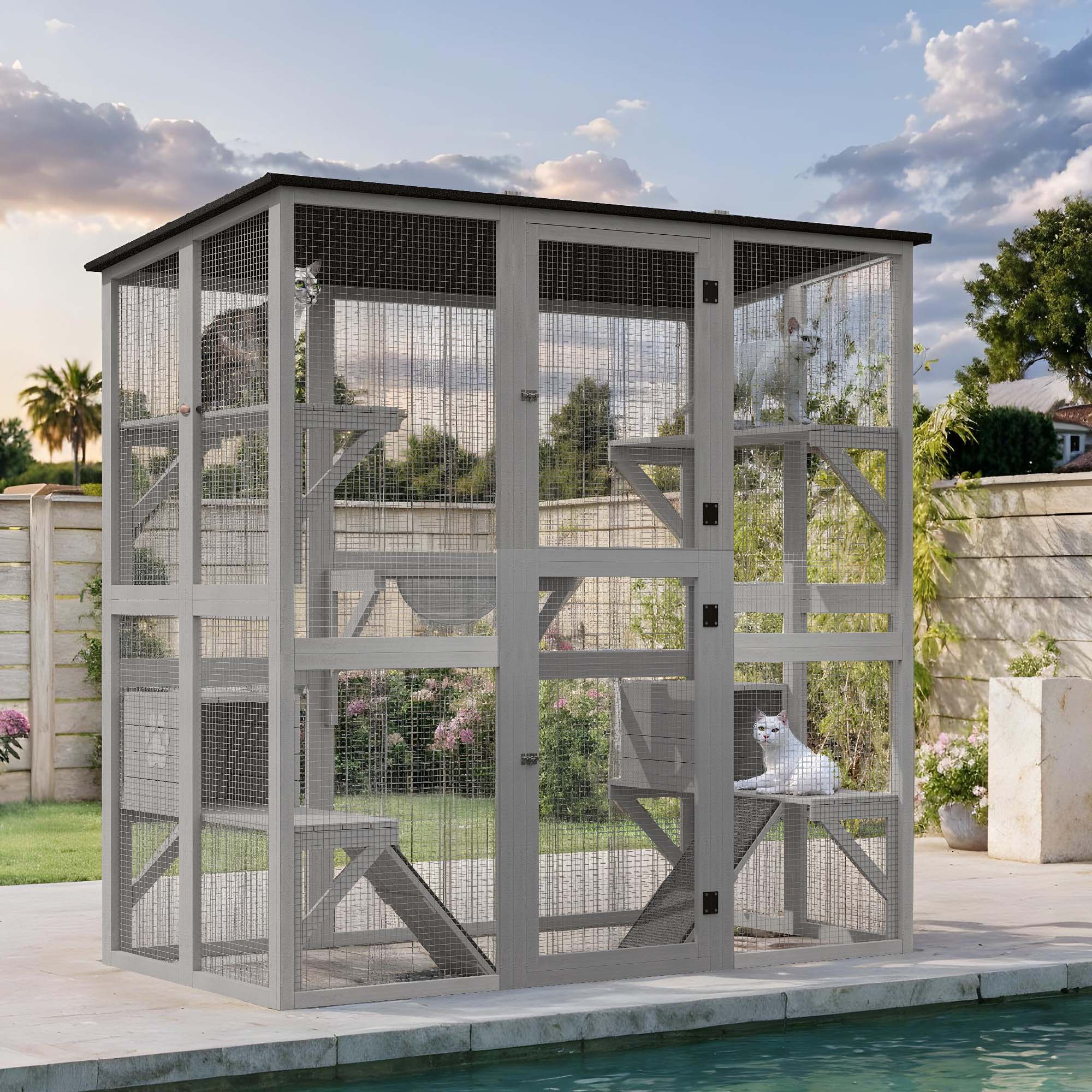 DWVO 70.9" Large Cat Cage, Outdoor Cat Enclosures Catio, DIY Indoor Catio with Roof Hammock Platforms, Ideal for 1-6 Cats