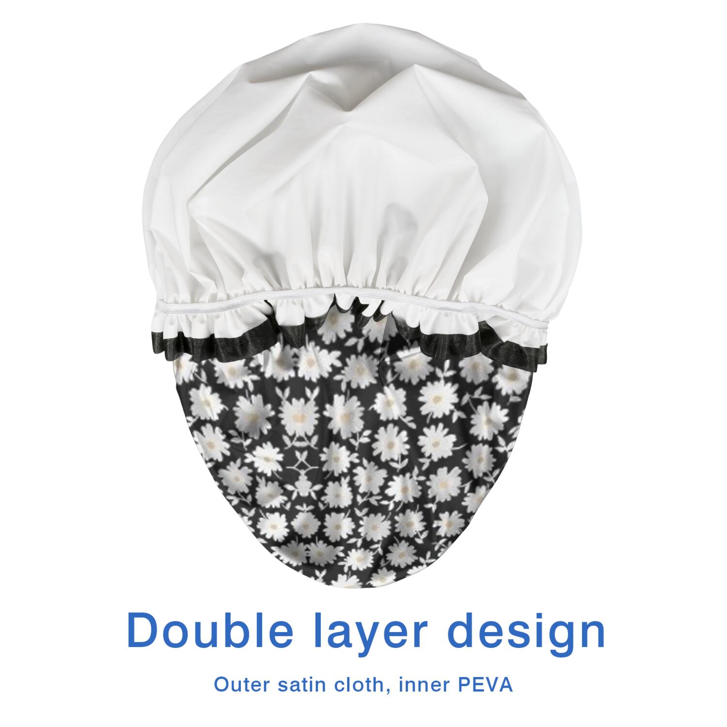 Shower Caps,Black Daisy Flower Pattern Waterproof Shower Cap for Women 4 Pieces,Double Reusable Hair Cover for Shower PEVA Elastic Stretch Hem