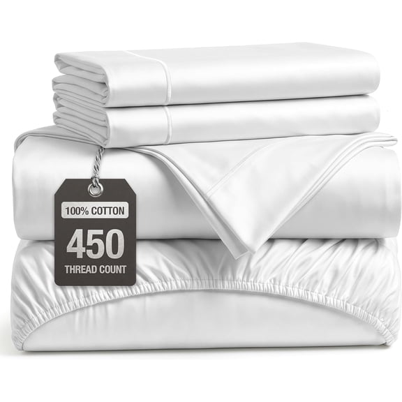 Full Size 450 Thread Count Combed Cotton Sateen Sheet Set with Pillowcases White 15 Inch Deep Pocket