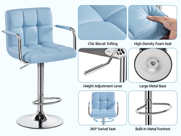 Yaheetech PU Leather Bar Stools with Large Steel Pedestal Base, Set of 2, Blue