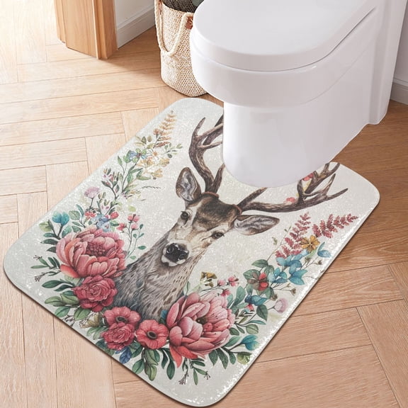 Toilet Rug U-Shaped Bathroom Rugs Non-Slip Soft Plush Machine Washable Contour Bath Mat Deer and Flowers 24x20